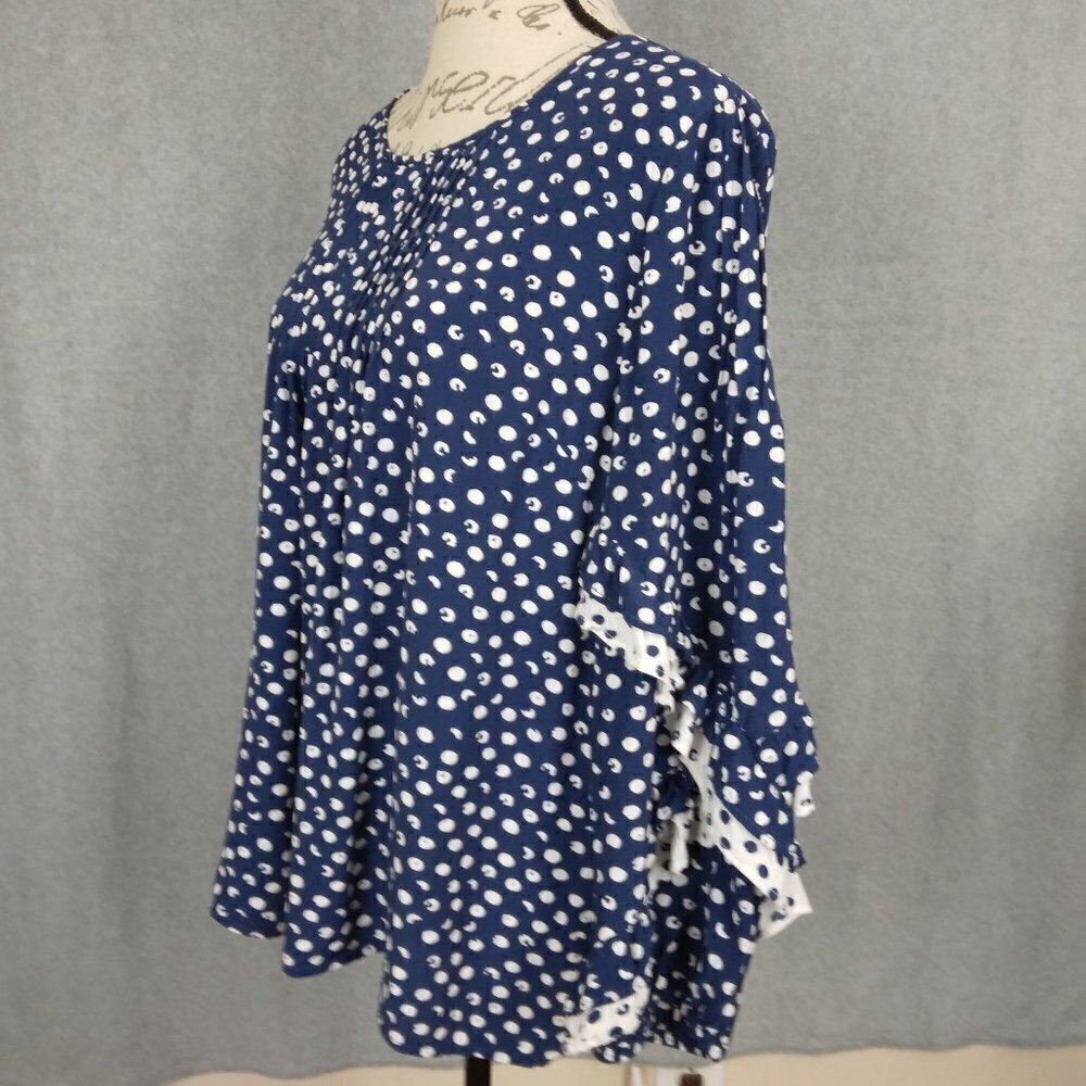 Soft Surroundings | Sonrisa Polka Dot Ruffle Sleeve Top Blue White Top | Size L - Picture 3 of 9